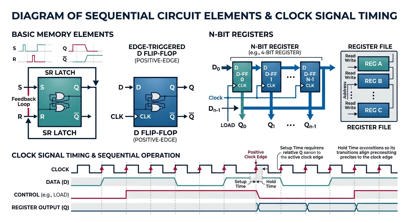 Diagram of sequential circuit elements including SR latches, D flip-flops, and registers with clock signal timing