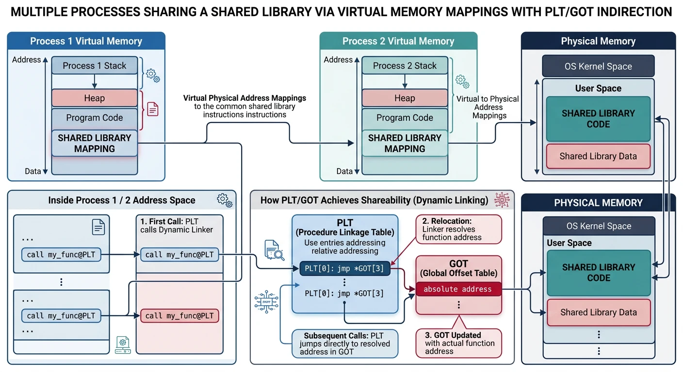 Diagram showing multiple processes sharing a single copy of a shared library in physical memory through virtual memory mappings with PLT and GOT indirection