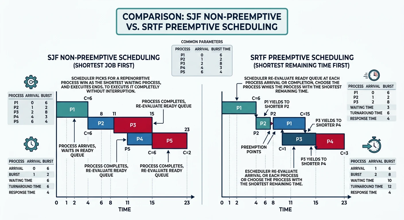 Comparison of SJF non-preemptive and SRTF preemptive scheduling showing process execution order and preemption points