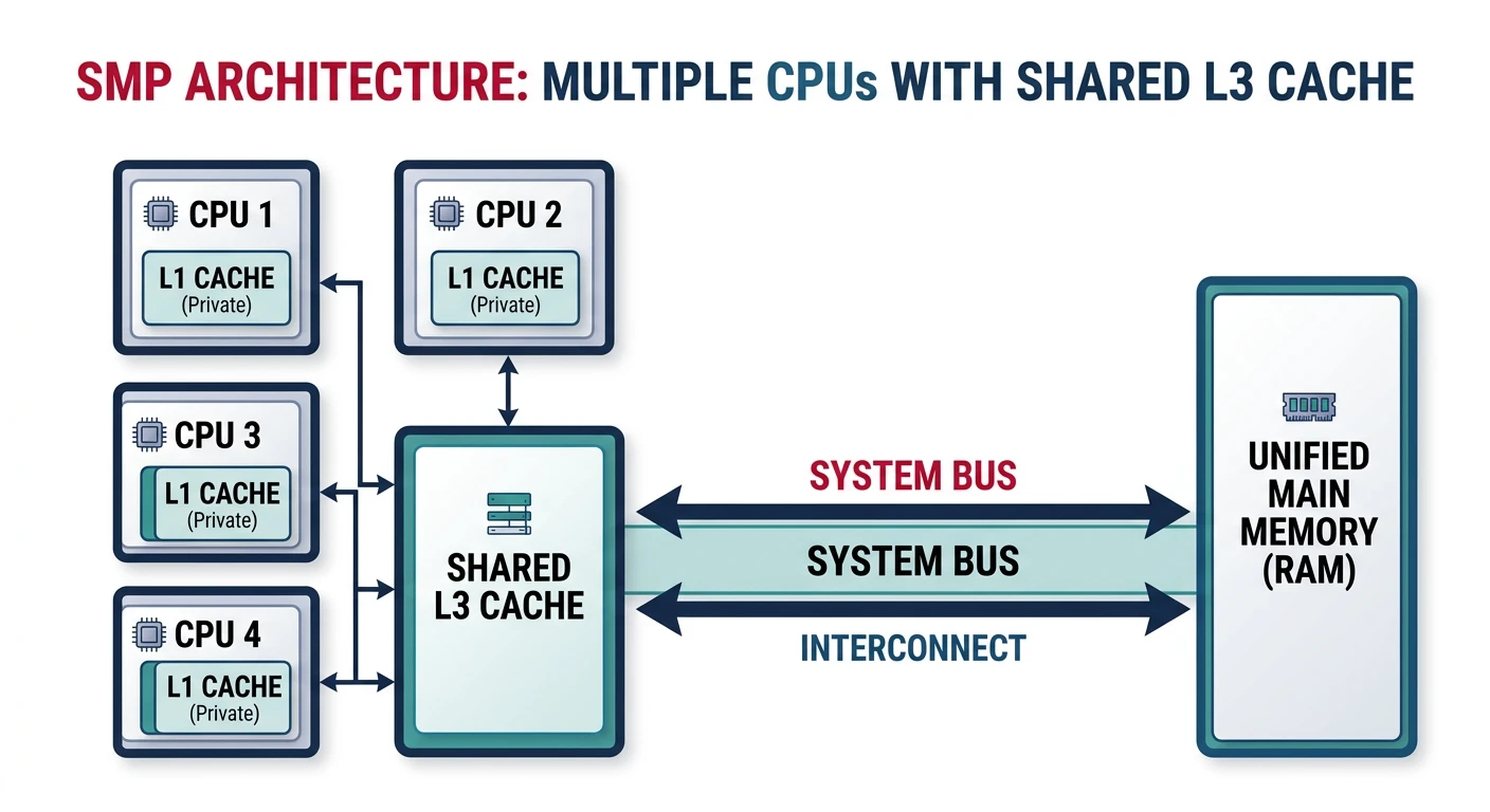 SMP architecture diagram showing multiple CPUs with private L1 caches connected through a shared L3 cache and system bus to unified main memory