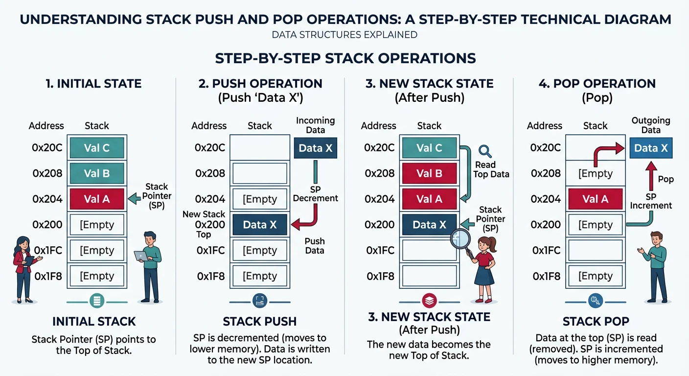 Step-by-step diagram showing stack push and pop operations with memory addresses, stack pointer movement, and data flow