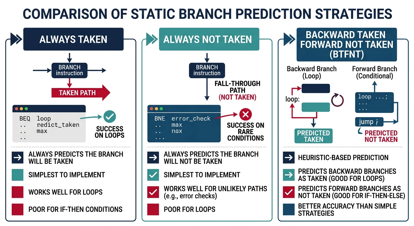 Comparison of static branch prediction strategies: always taken, always not taken, and backward taken forward not taken