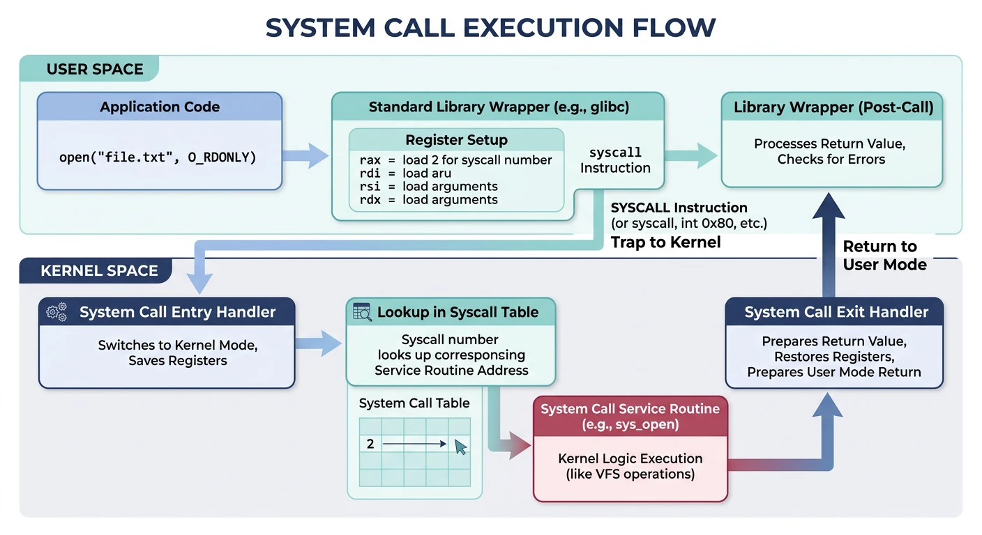 System call execution flow showing user-space library wrapper, register setup, syscall instruction trap, kernel handler lookup in syscall table, and return to user mode