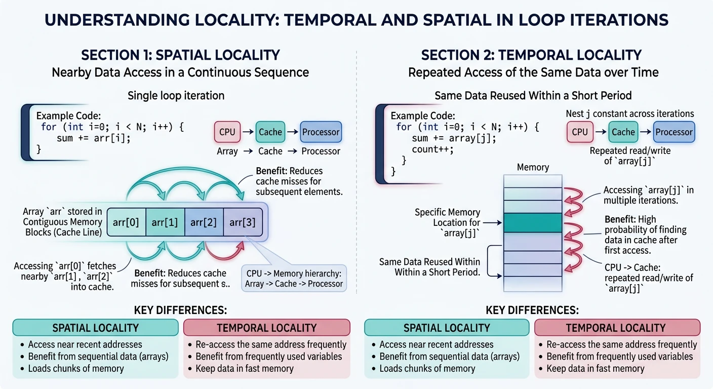 Illustration of temporal and spatial locality showing repeated access patterns in loop iteration over an array