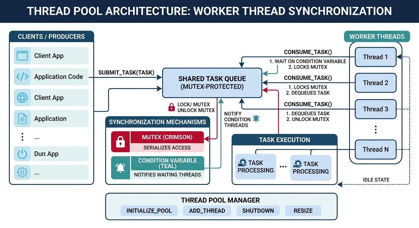 Architecture diagram of a thread pool showing worker threads consuming tasks from a shared queue with mutex and condition variable synchronization