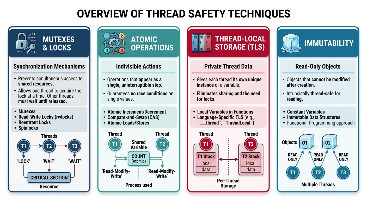 Overview of thread safety techniques including mutexes, atomic operations, thread-local storage, and immutability