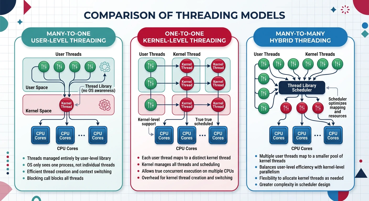 Comparison of three threading models: many-to-one user-level, one-to-one kernel-level, and many-to-many hybrid threading