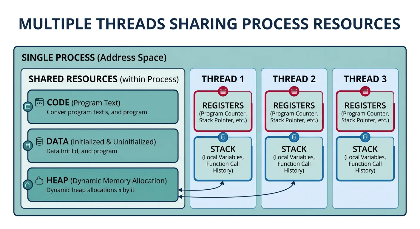 Diagram showing multiple threads within a single process sharing code, data, and heap but having separate stacks and registers