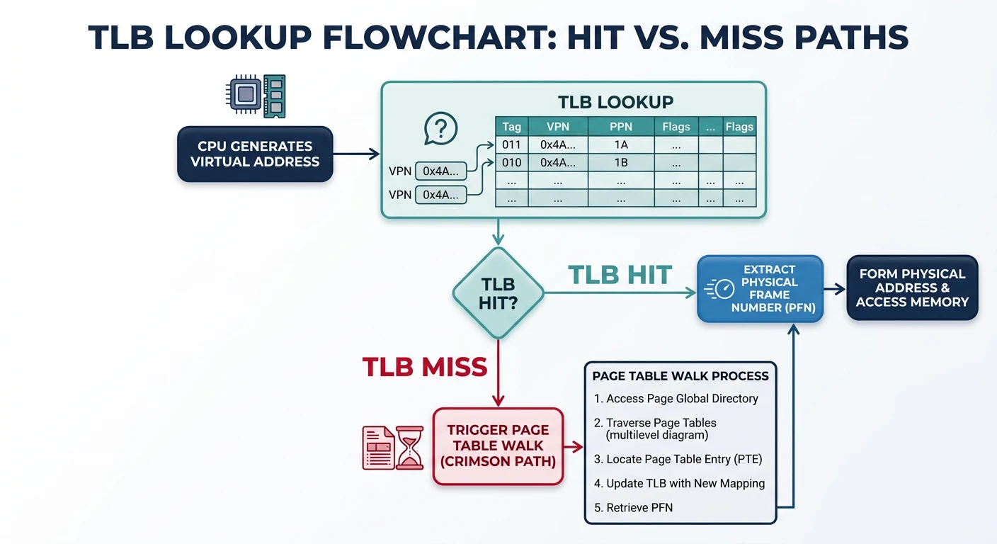 TLB lookup flowchart showing hit path returning frame number immediately versus miss path triggering a page table walk