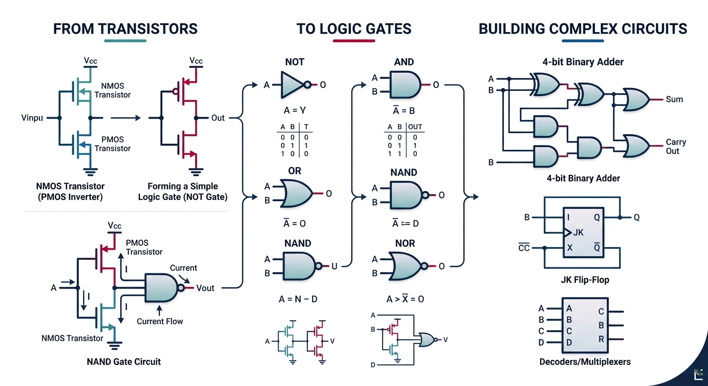 Illustration showing how individual transistors combine to form basic logic gates, which build up into complex digital circuits