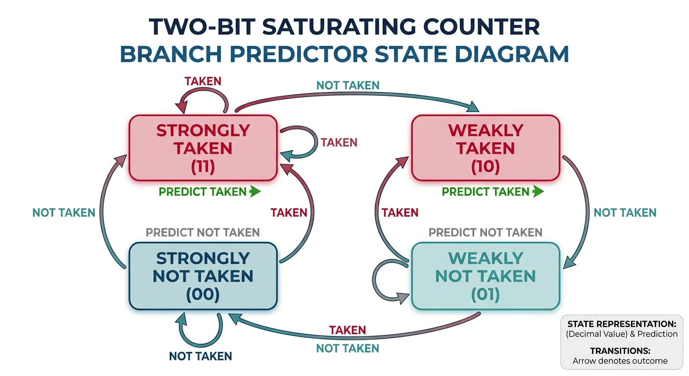 State diagram of a two-bit saturating counter branch predictor showing four states and transitions