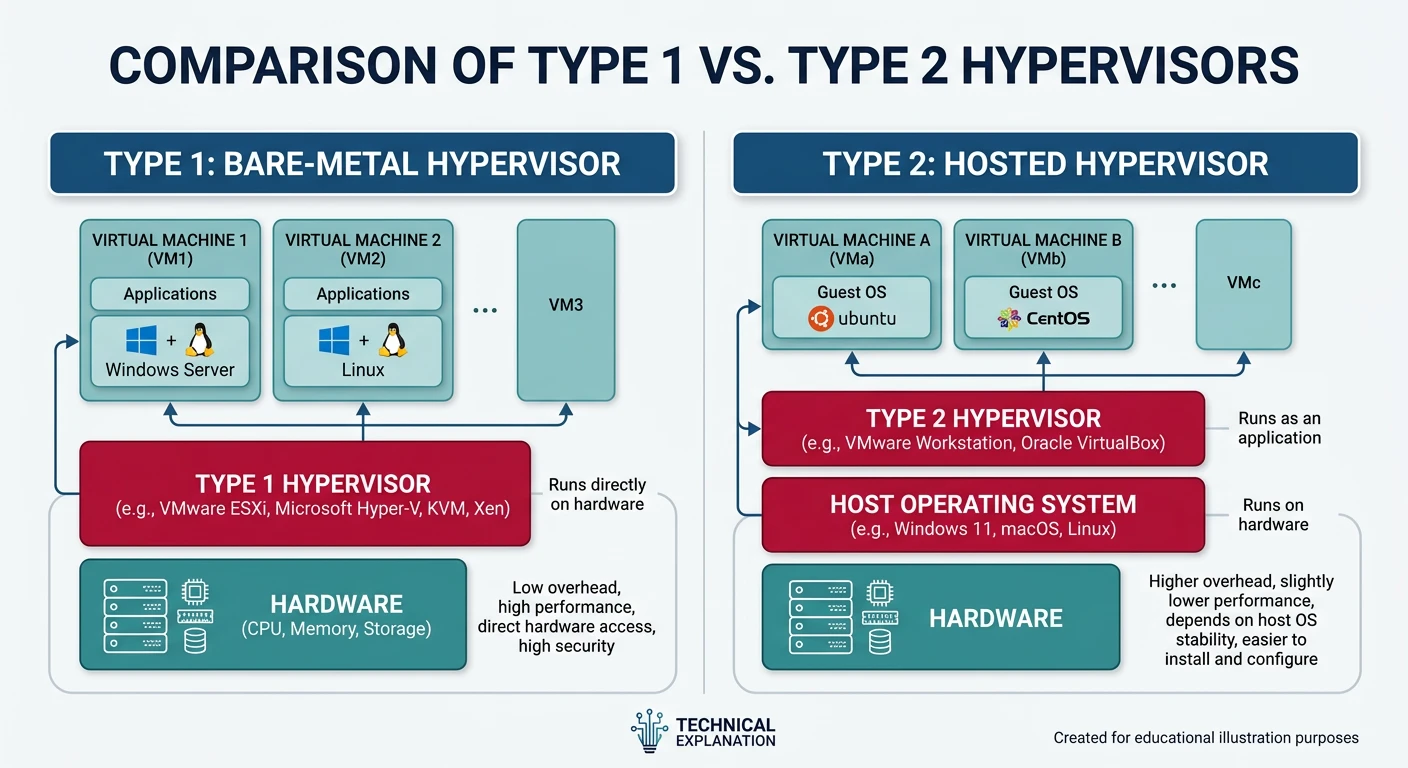 Comparison of Type 1 bare-metal hypervisor running directly on hardware vs Type 2 hosted hypervisor running on top of a host operating system