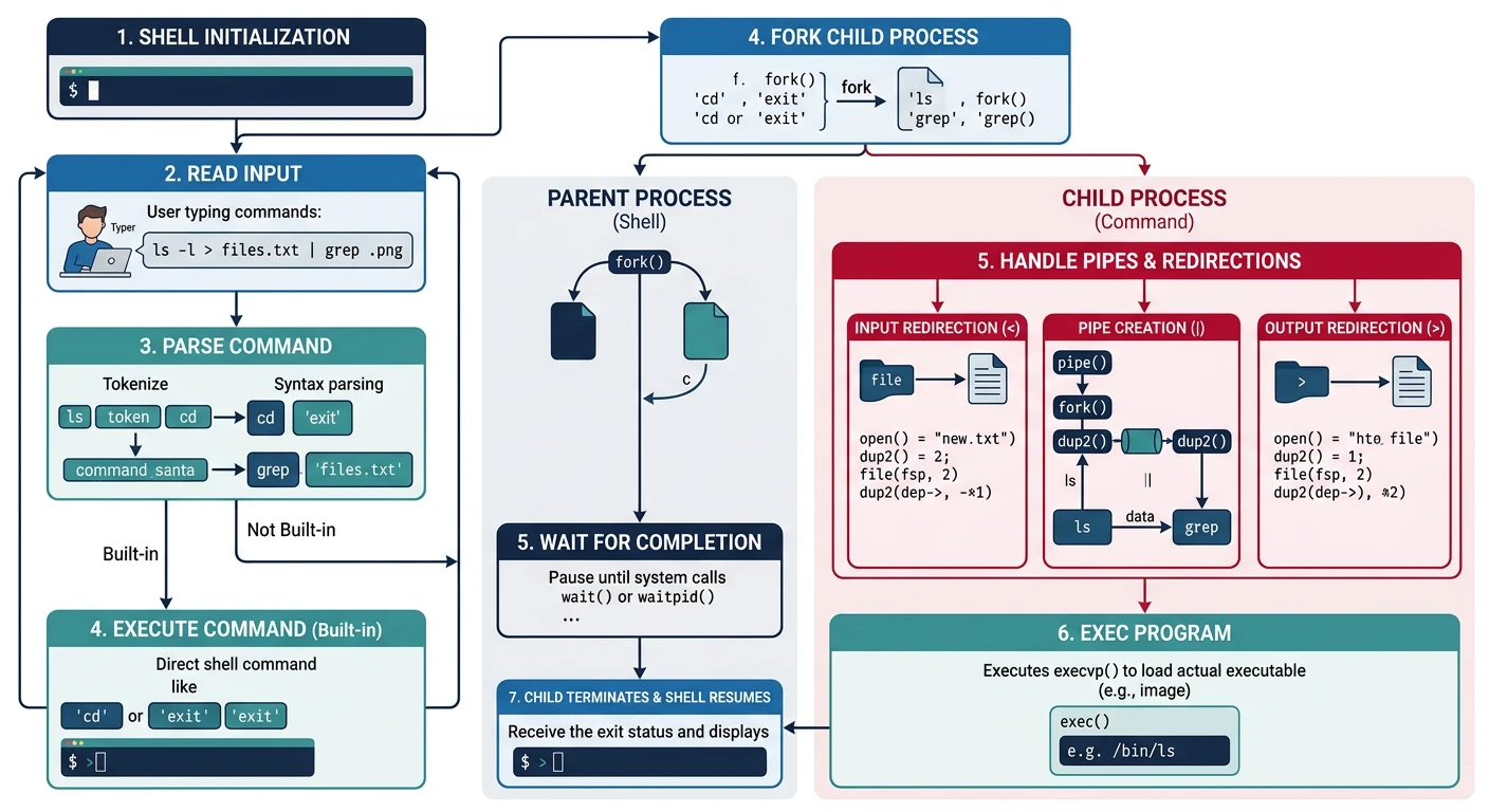 Flowchart showing Unix shell operation: read input, parse command, fork child process, exec program, and wait for completion with pipe and redirection paths