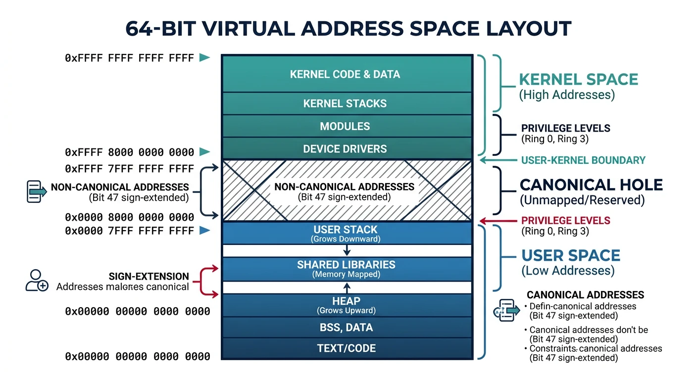 Diagram showing virtual address space layout with user space and kernel space separated by the canonical hole in a 64-bit system
