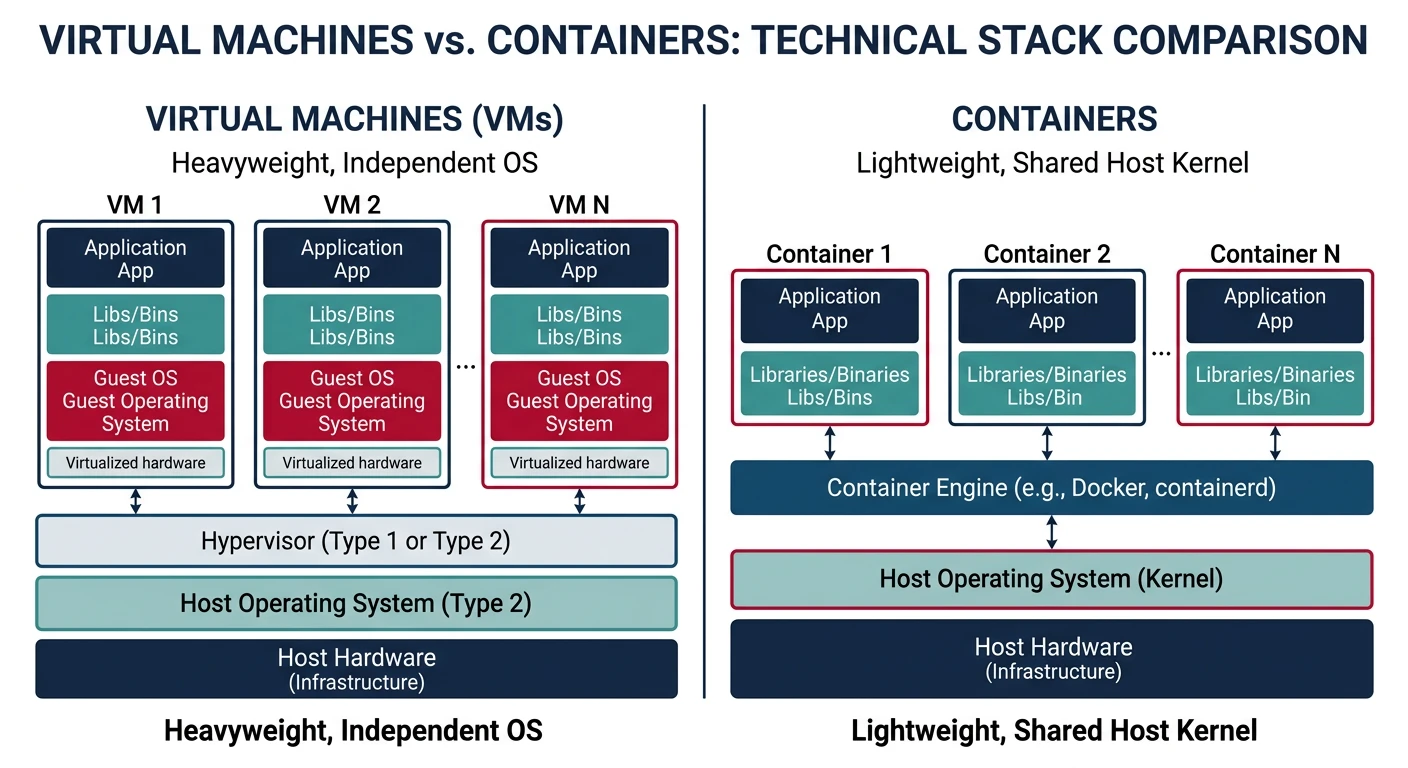 Side-by-side comparison of virtual machine and container stacks showing VMs with guest OS layers vs containers sharing the host kernel