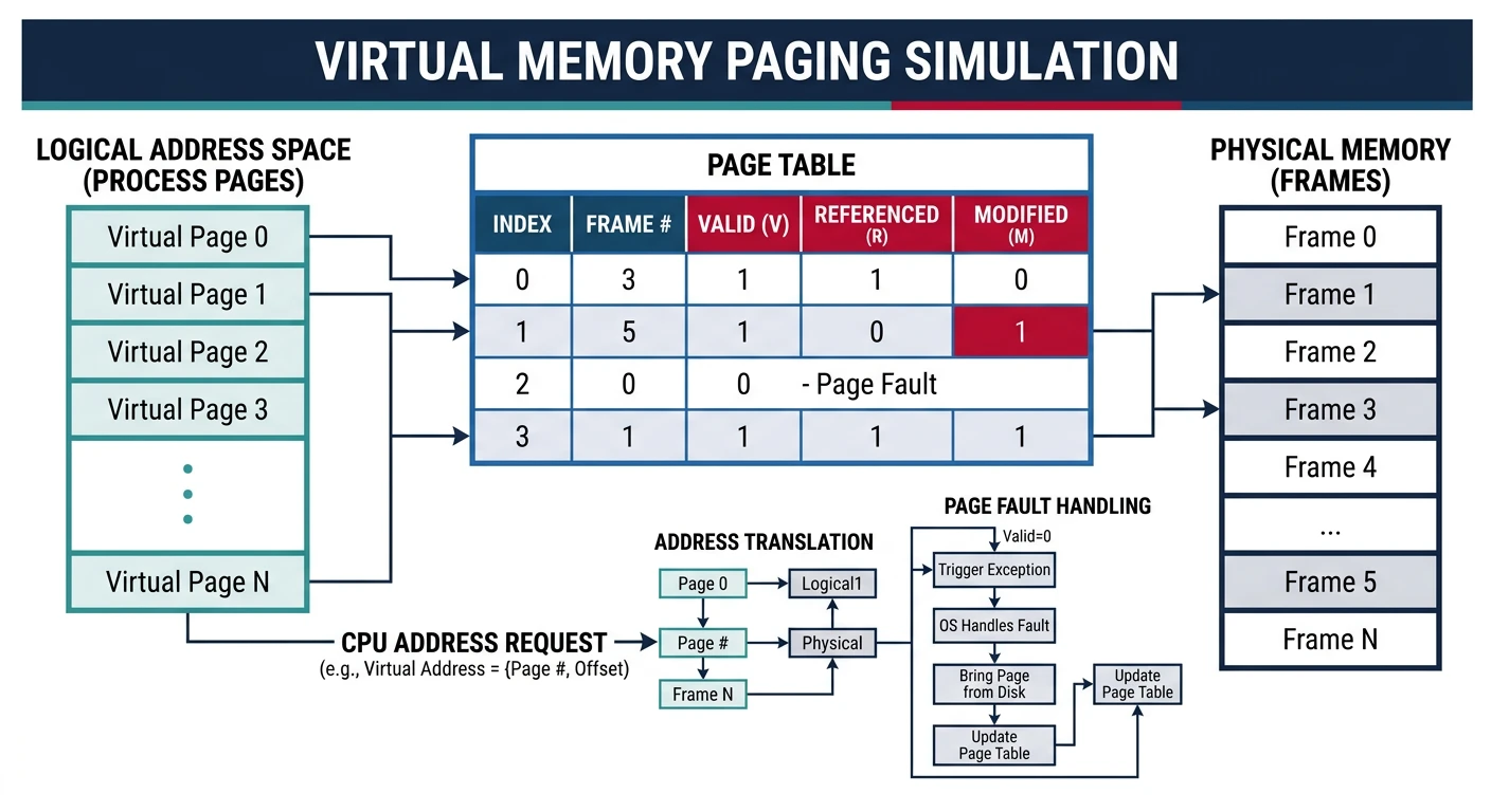 Diagram of virtual memory paging simulation showing page table entries mapping virtual pages to physical frames with valid, referenced, and modified bits