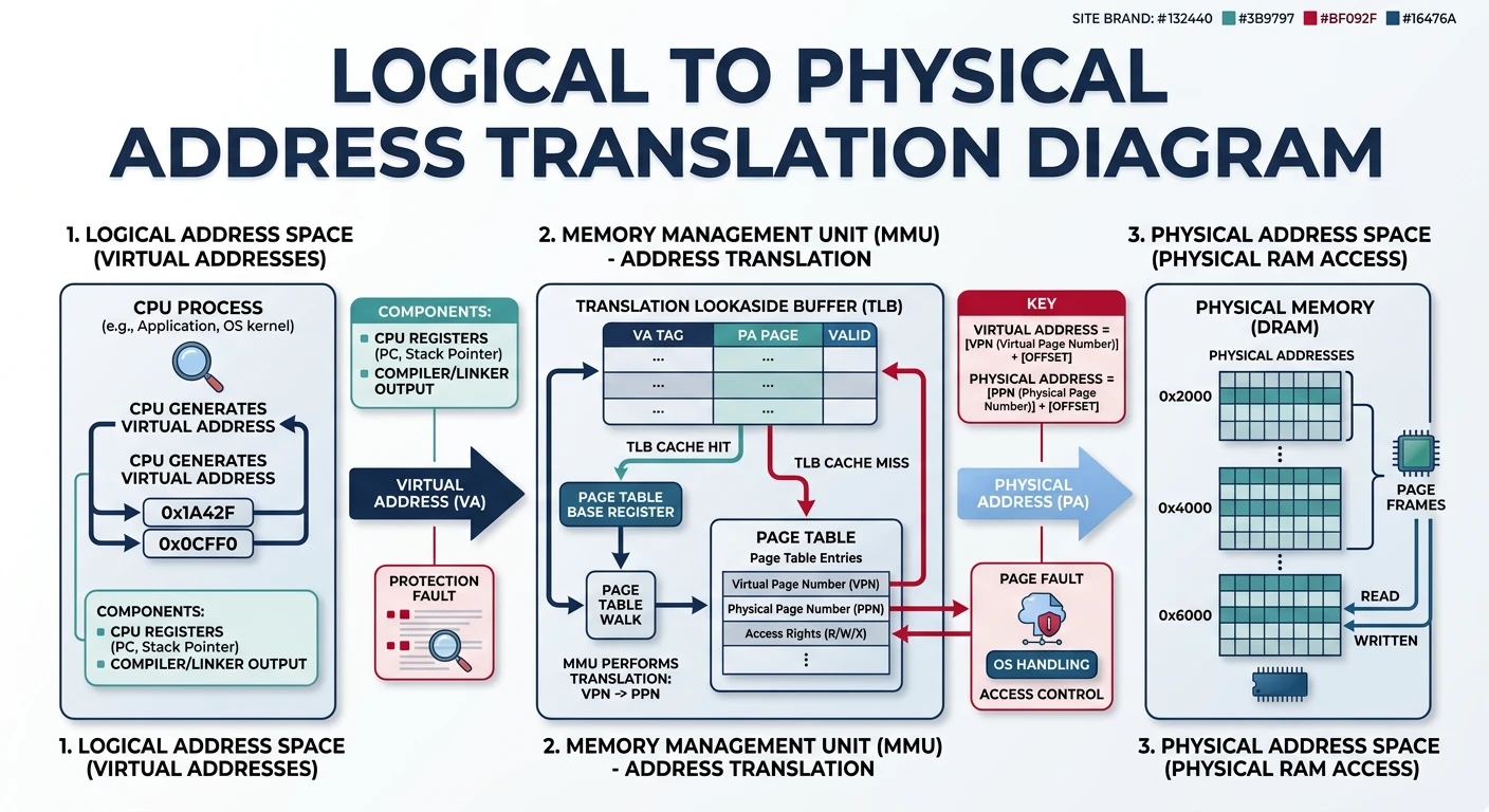 Logical to physical address translation diagram showing CPU generating virtual addresses, MMU performing translation, and physical RAM access