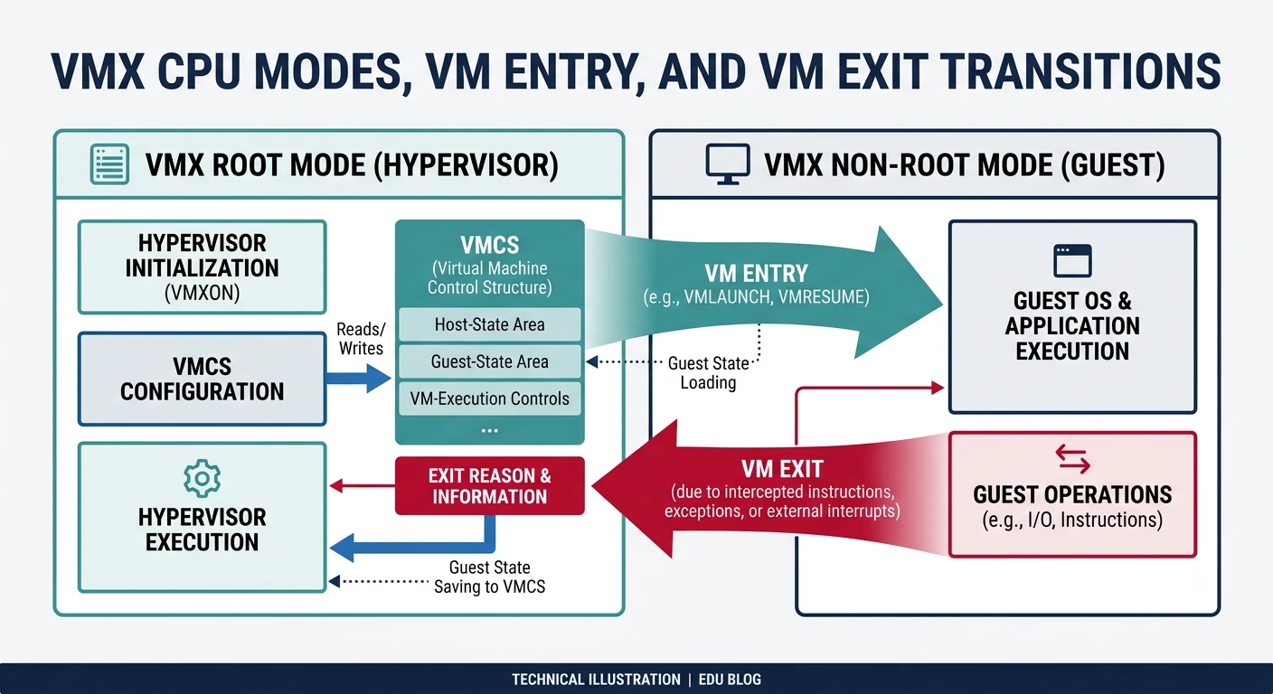 Diagram of VMX root and non-root CPU modes showing VM entry and VM exit transitions between hypervisor and guest, with VMCS control structure