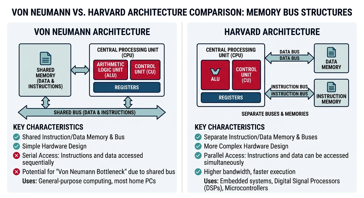 Side-by-side comparison of Von Neumann and Harvard architectures showing shared versus separate instruction and data memory buses