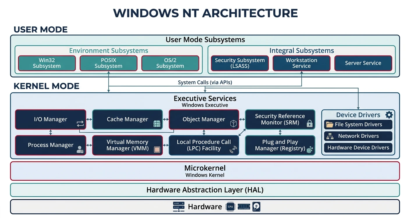 Layered architecture diagram of Windows NT showing user mode subsystems, executive services, HAL, and kernel mode components
