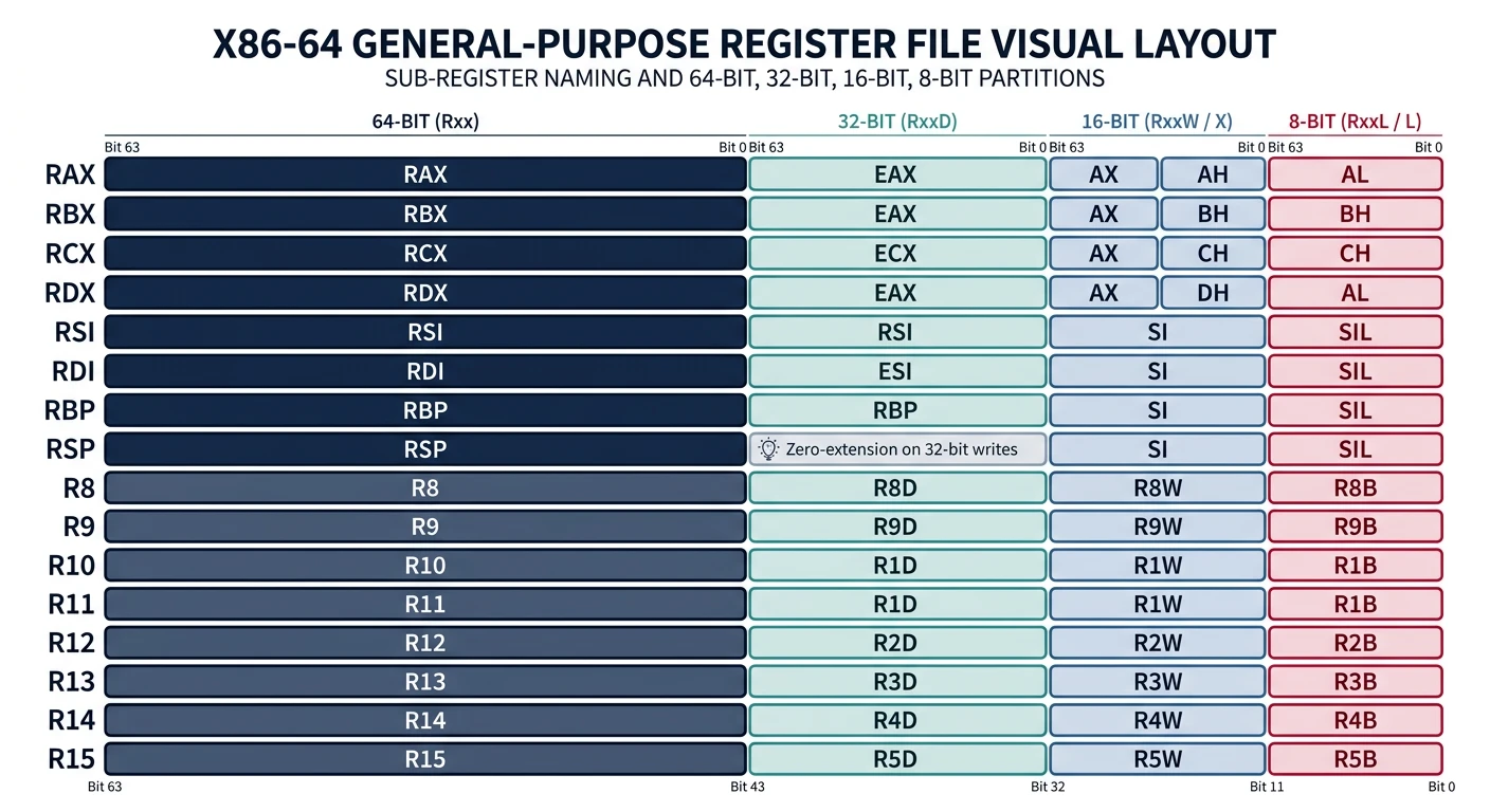 Visual layout of the x86-64 register file showing all 16 general-purpose registers with their 64-bit, 32-bit, 16-bit, and 8-bit sub-register naming