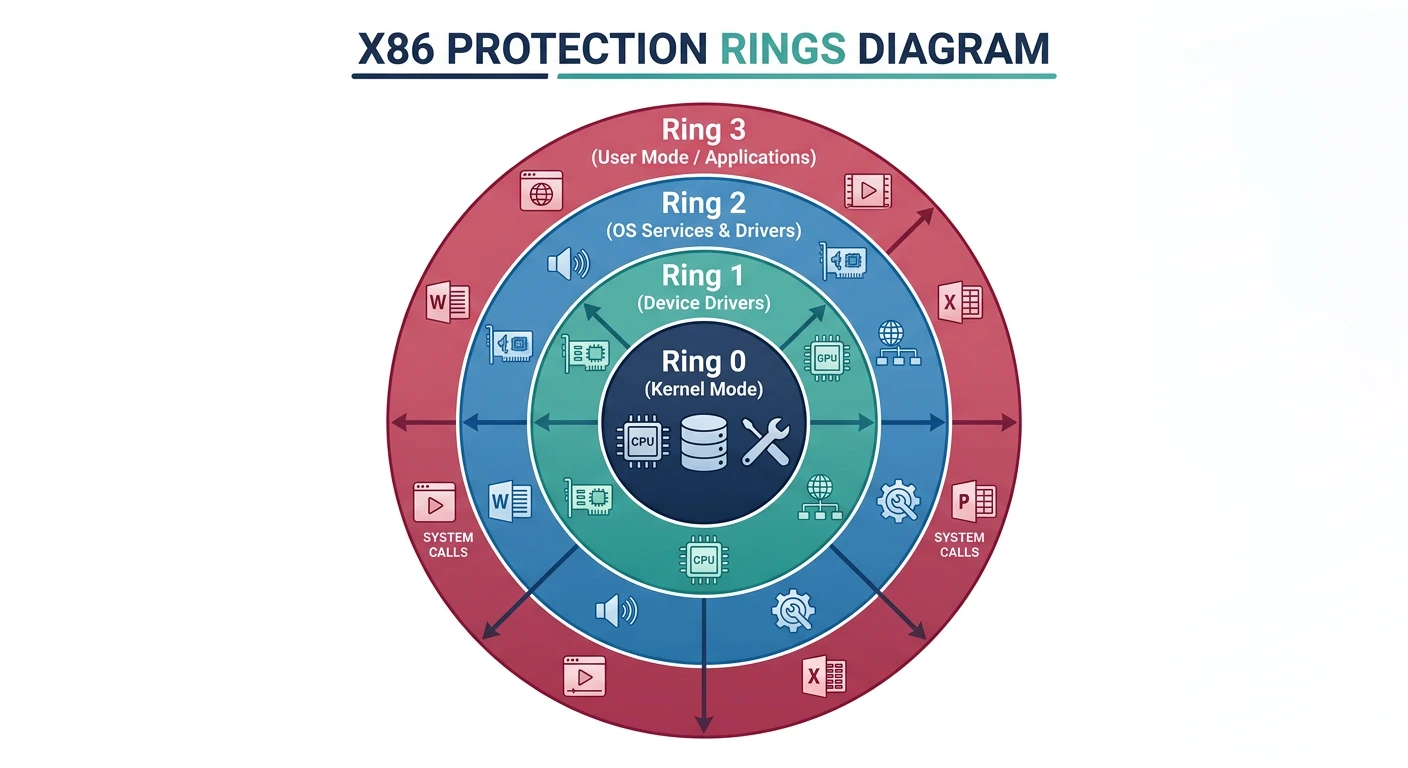x86 protection rings diagram showing concentric circles from Ring 0 kernel at center to Ring 3 user applications at the outer ring