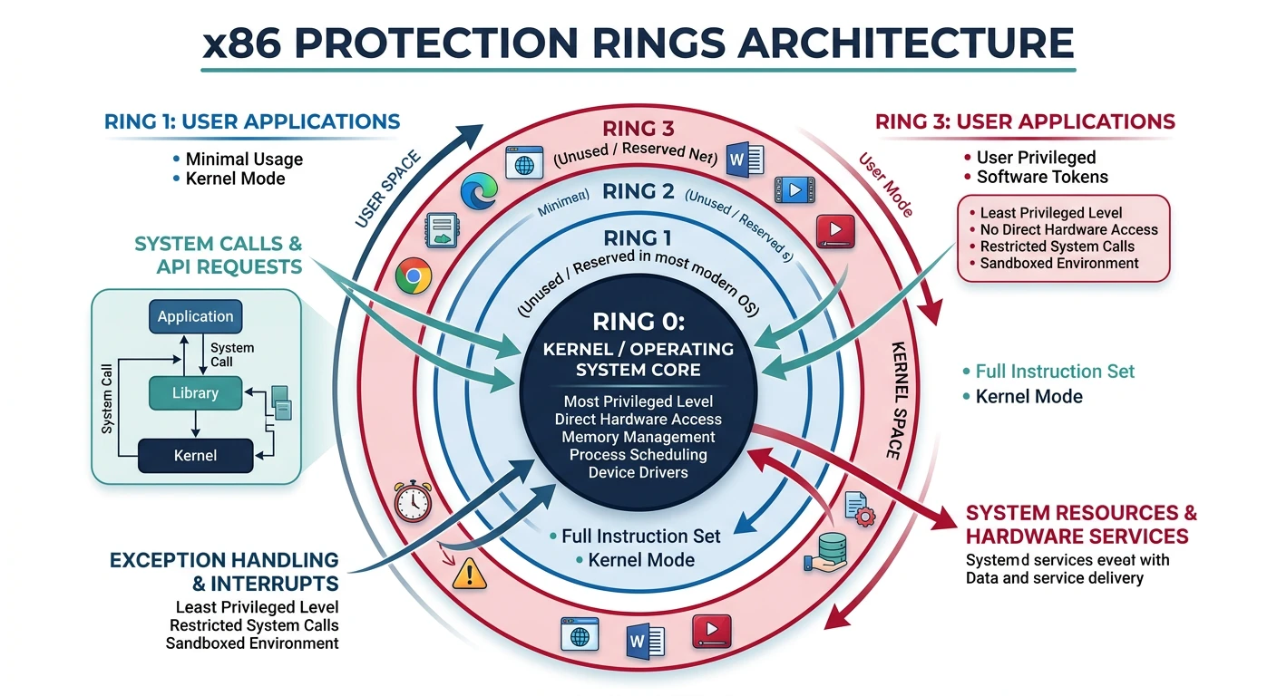 Concentric ring diagram of x86 protection rings from Ring 0 (kernel, most privileged) through Ring 1-2 (unused) to Ring 3 (user applications, least privileged)