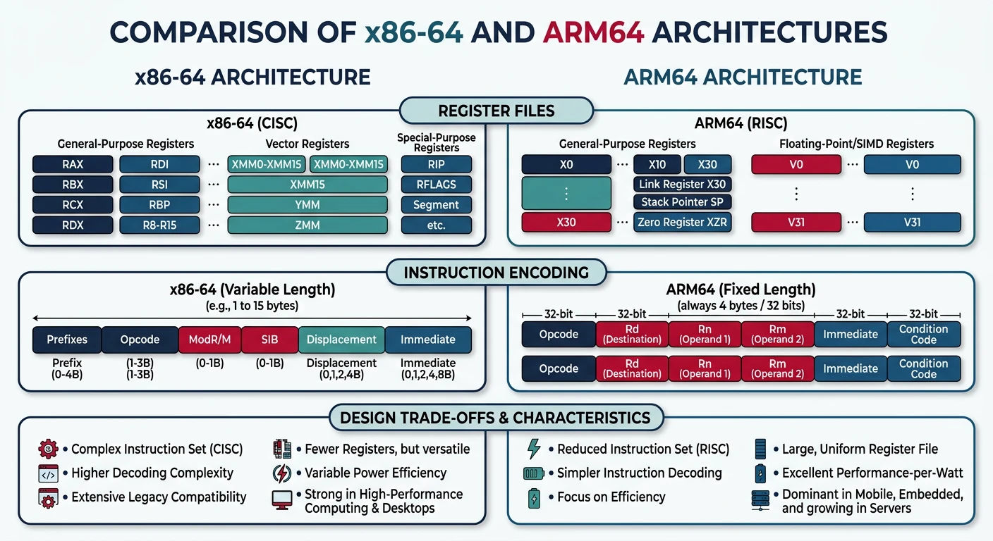 Side-by-side comparison of x86-64 and ARM64 architectures showing register files, instruction encoding, and design trade-offs