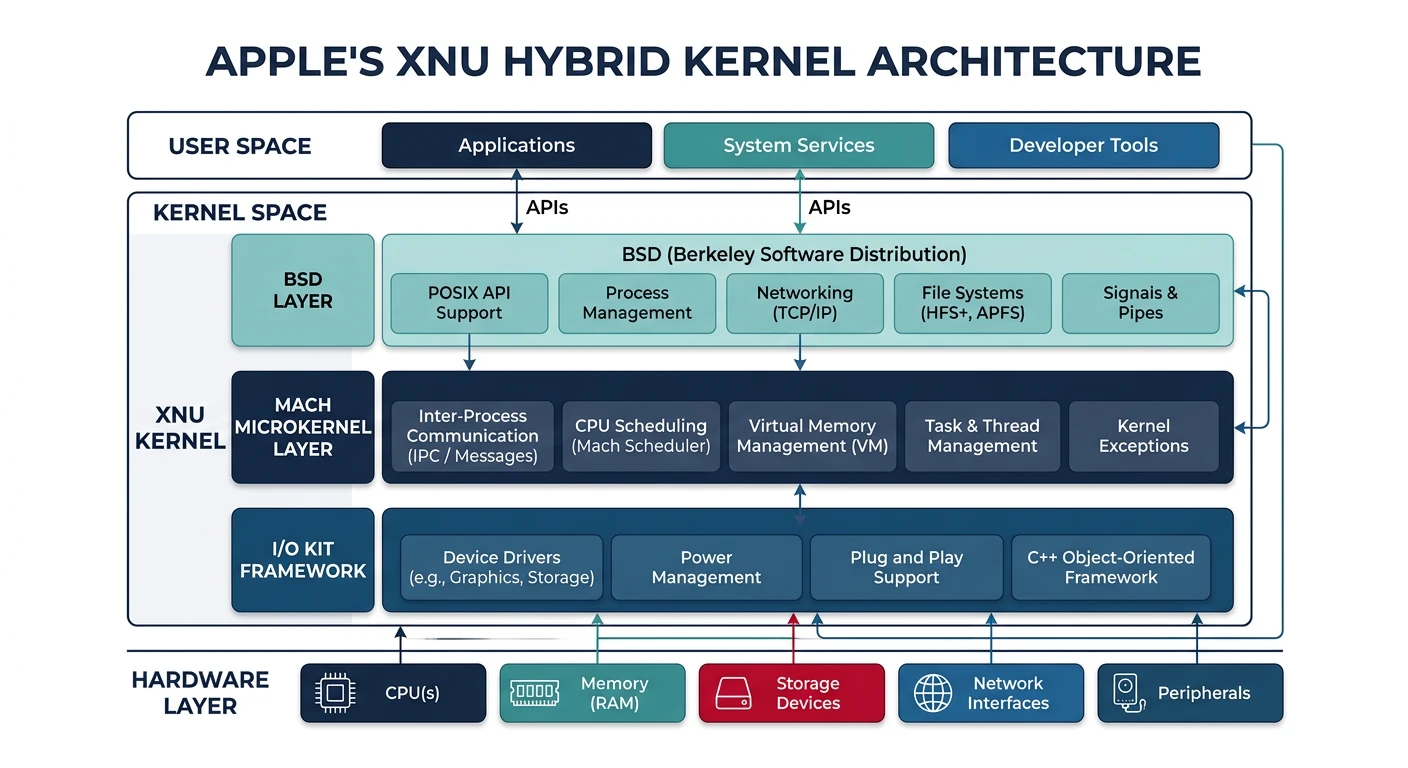 Diagram of Apple's XNU hybrid kernel showing the Mach microkernel layer, BSD layer, and I/O Kit driver framework stacked together