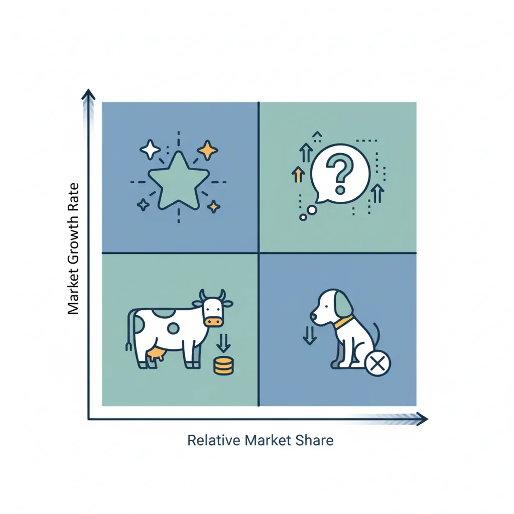 BCG growth-share matrix with four quadrants: stars, question marks, cash cows, and dogs