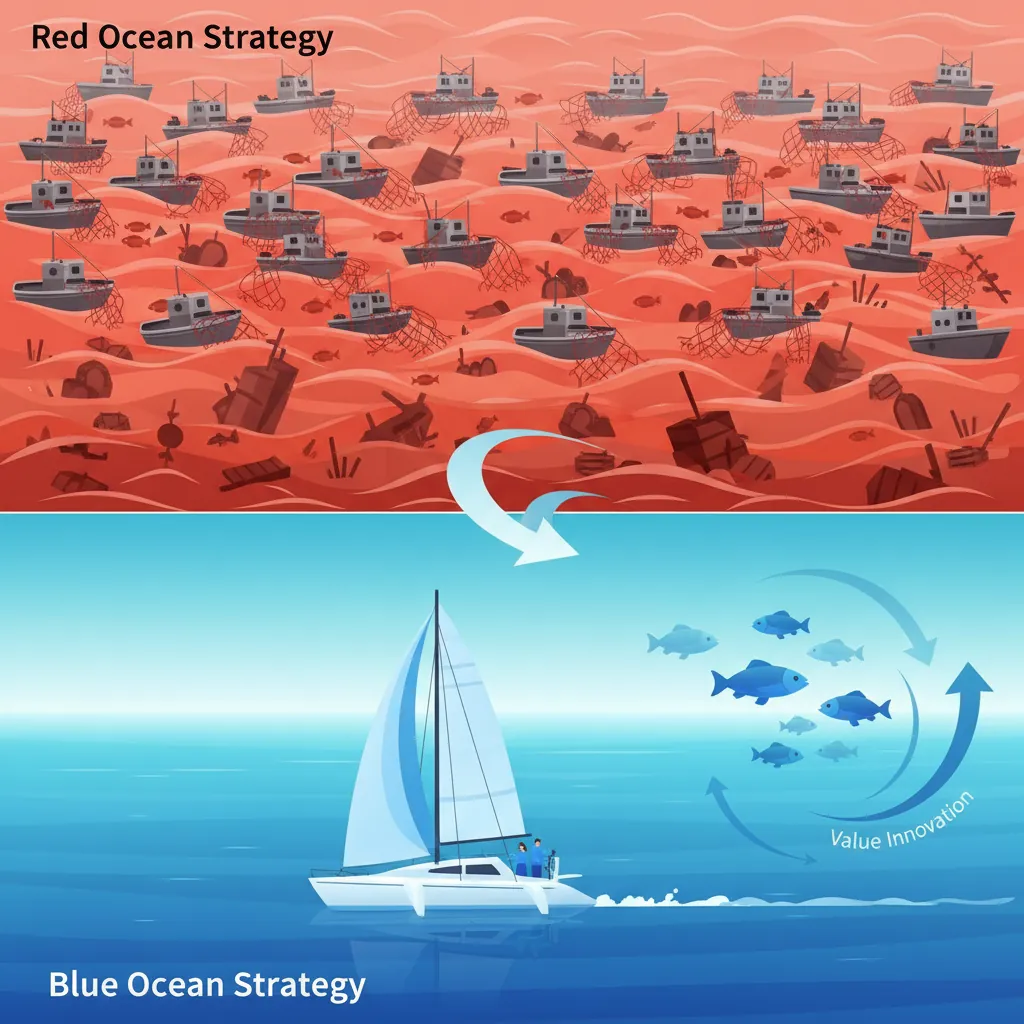 Blue Ocean Strategy canvas comparing red ocean competition with blue ocean value innovation