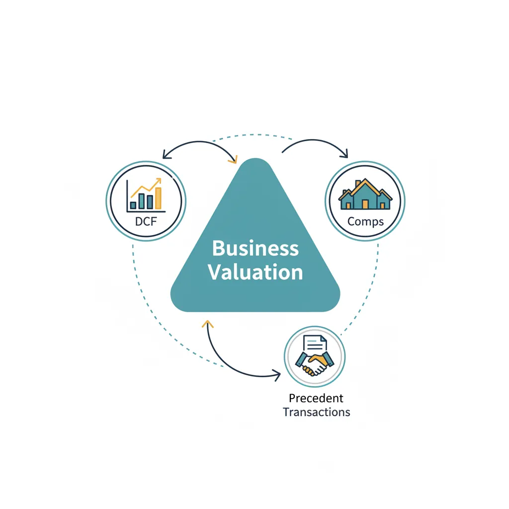 Three business valuation methods: DCF, comparable companies, and precedent transactions