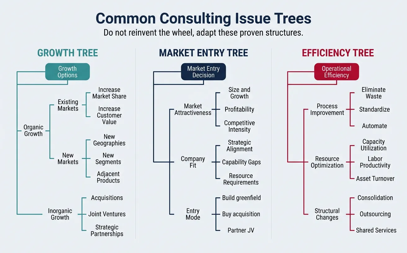 Collection of common consulting trees including growth, market entry, and efficiency trees