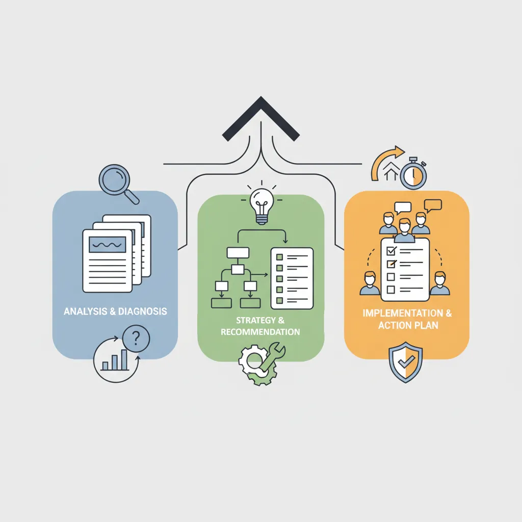 Standard consulting deliverable formats including executive summary, full deck, and appendix