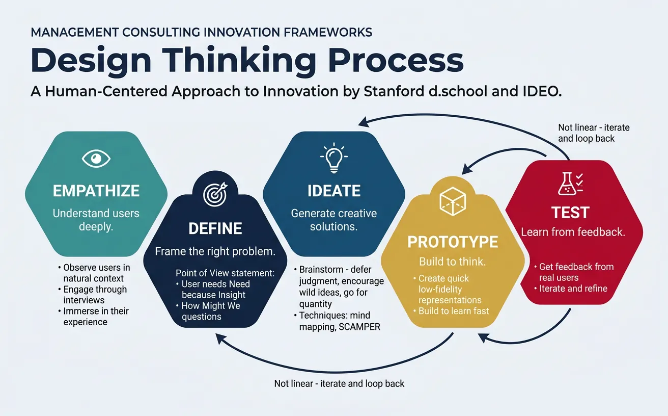 Design Thinking five-phase process: empathize, define, ideate, prototype, and test