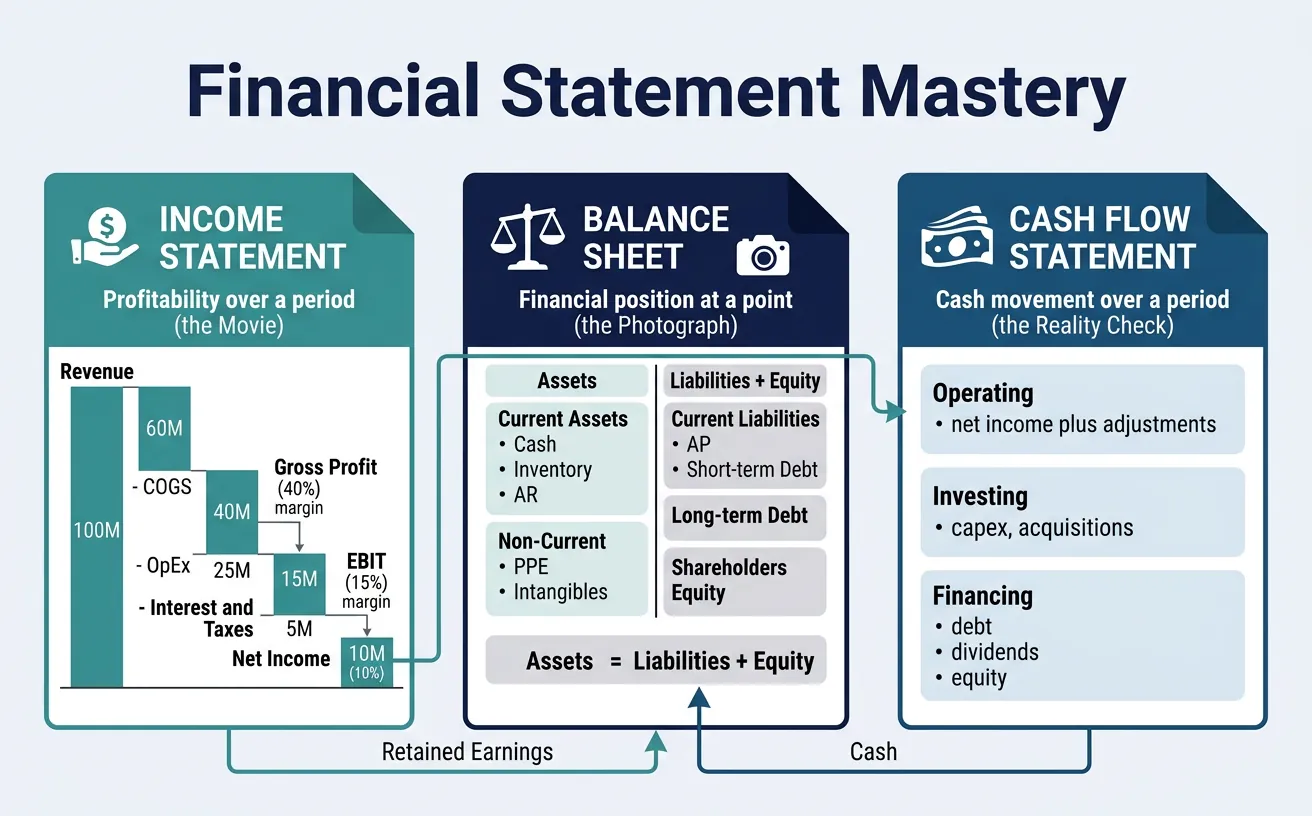 Three core financial statements: income statement, balance sheet, and cash flow statement with key relationships