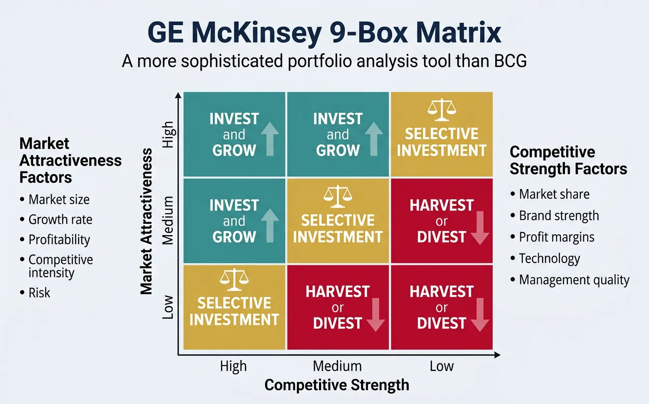 GE McKinsey nine-box matrix plotting market attractiveness against competitive strength