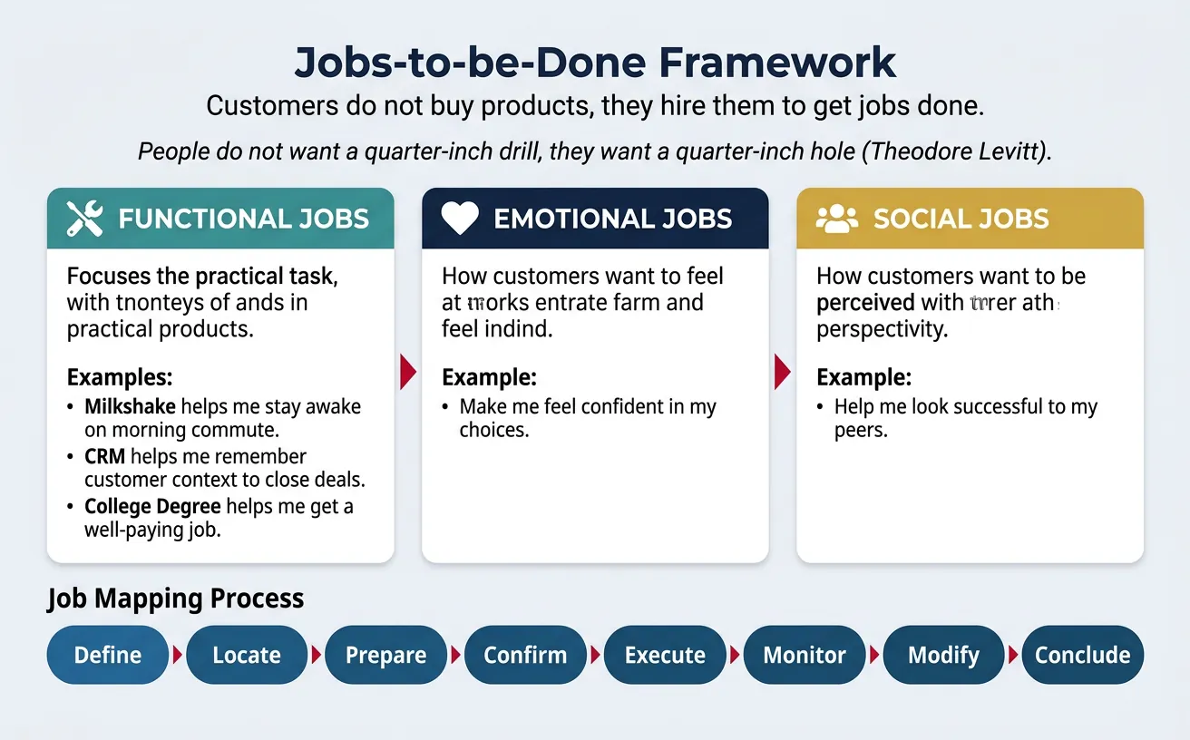Jobs-to-be-Done framework showing functional, emotional, and social jobs customers hire products for
