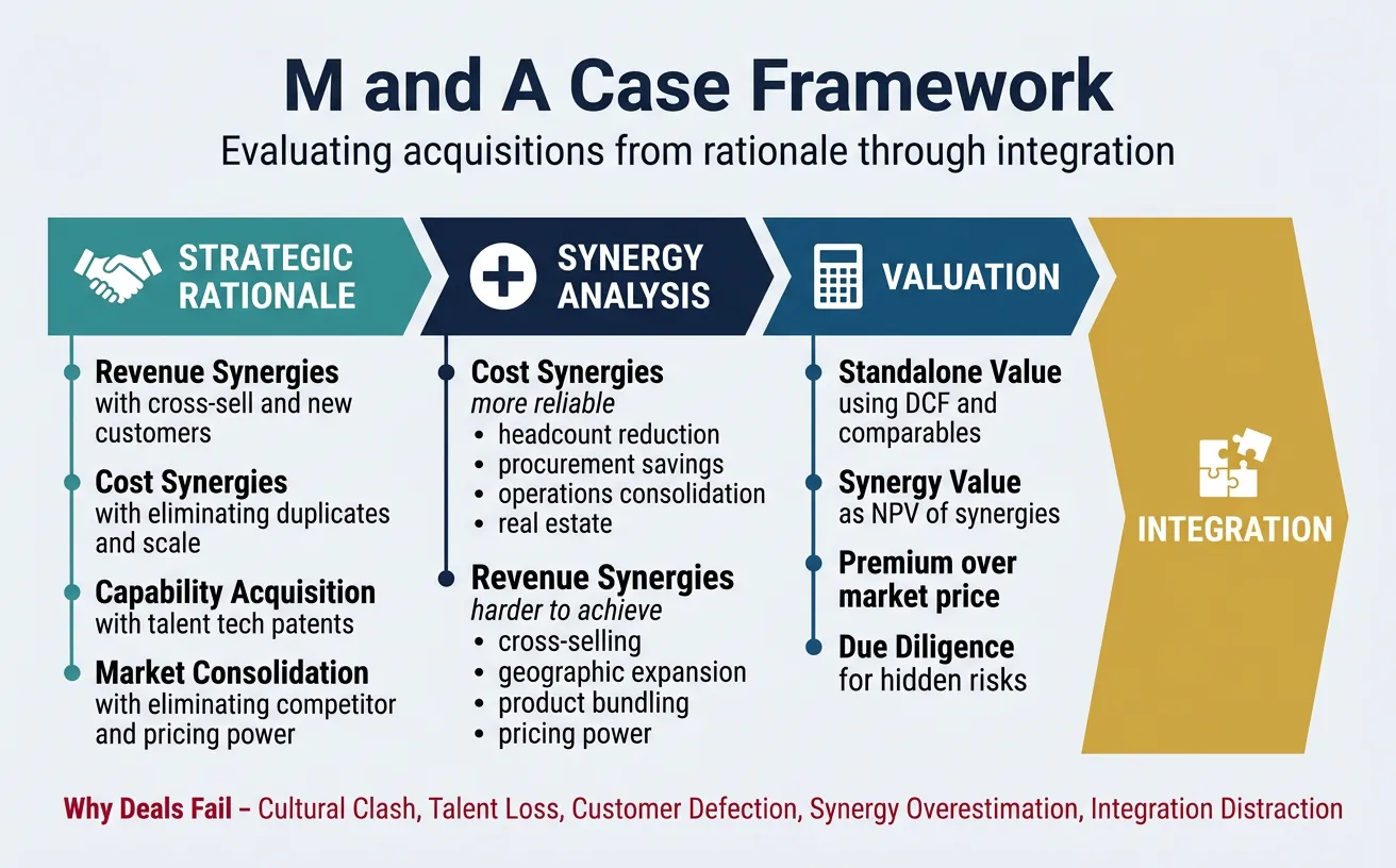M&A case framework covering strategic rationale, synergy analysis, valuation, and integration