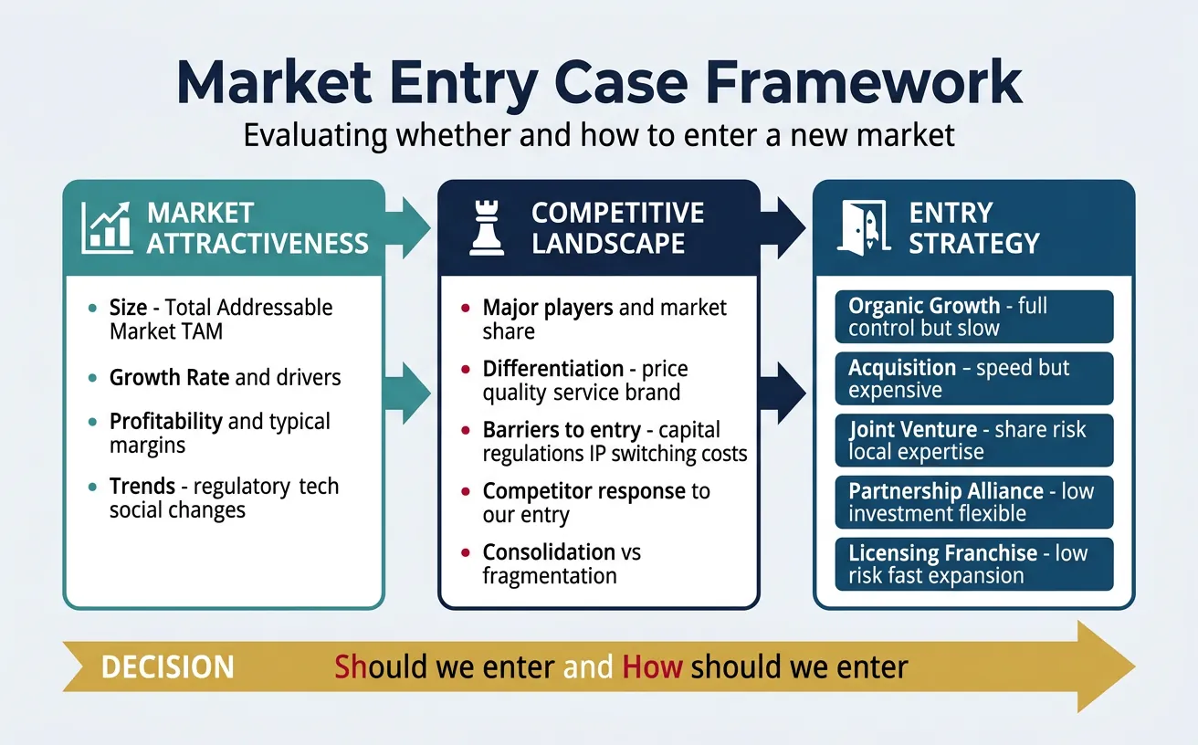 Market entry case framework assessing market attractiveness, competitive landscape, and entry strategy