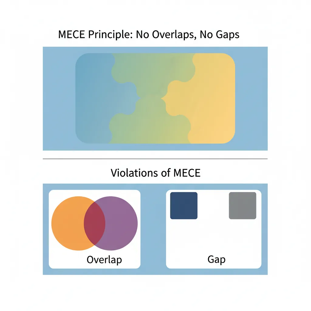 Visual explanation of the MECE principle showing mutually exclusive and collectively exhaustive categories