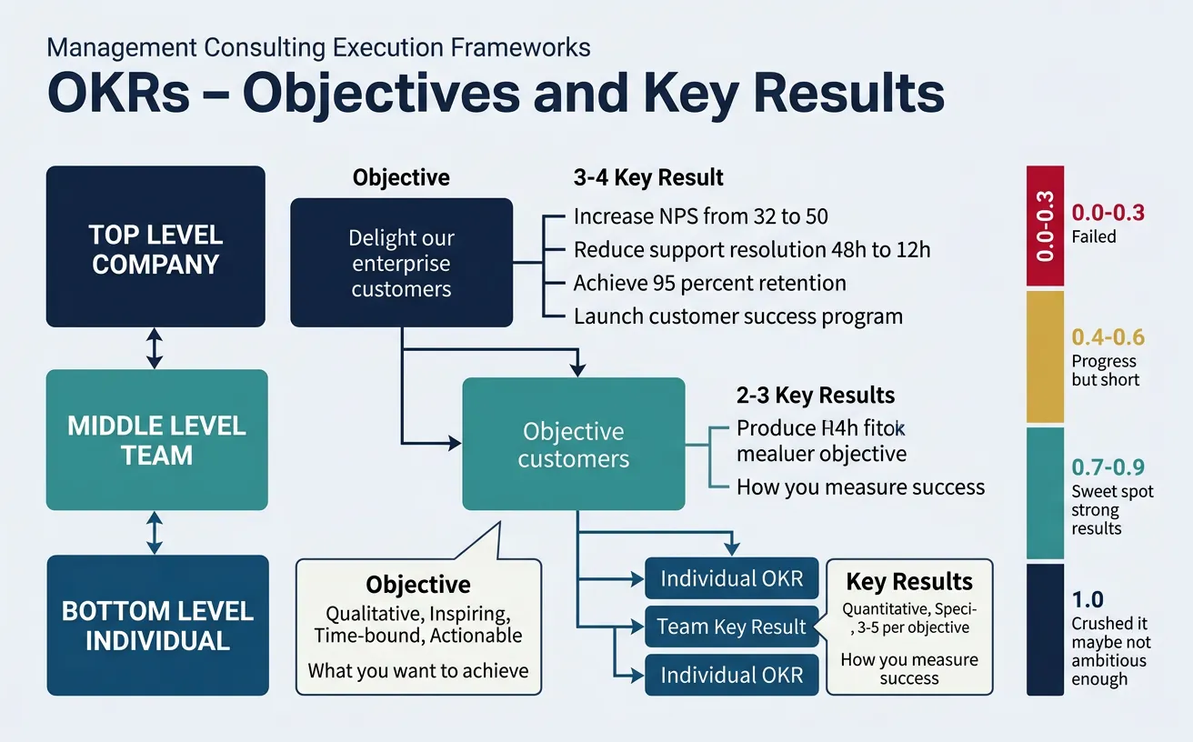 OKR framework showing objectives aligned with measurable key results across organization levels