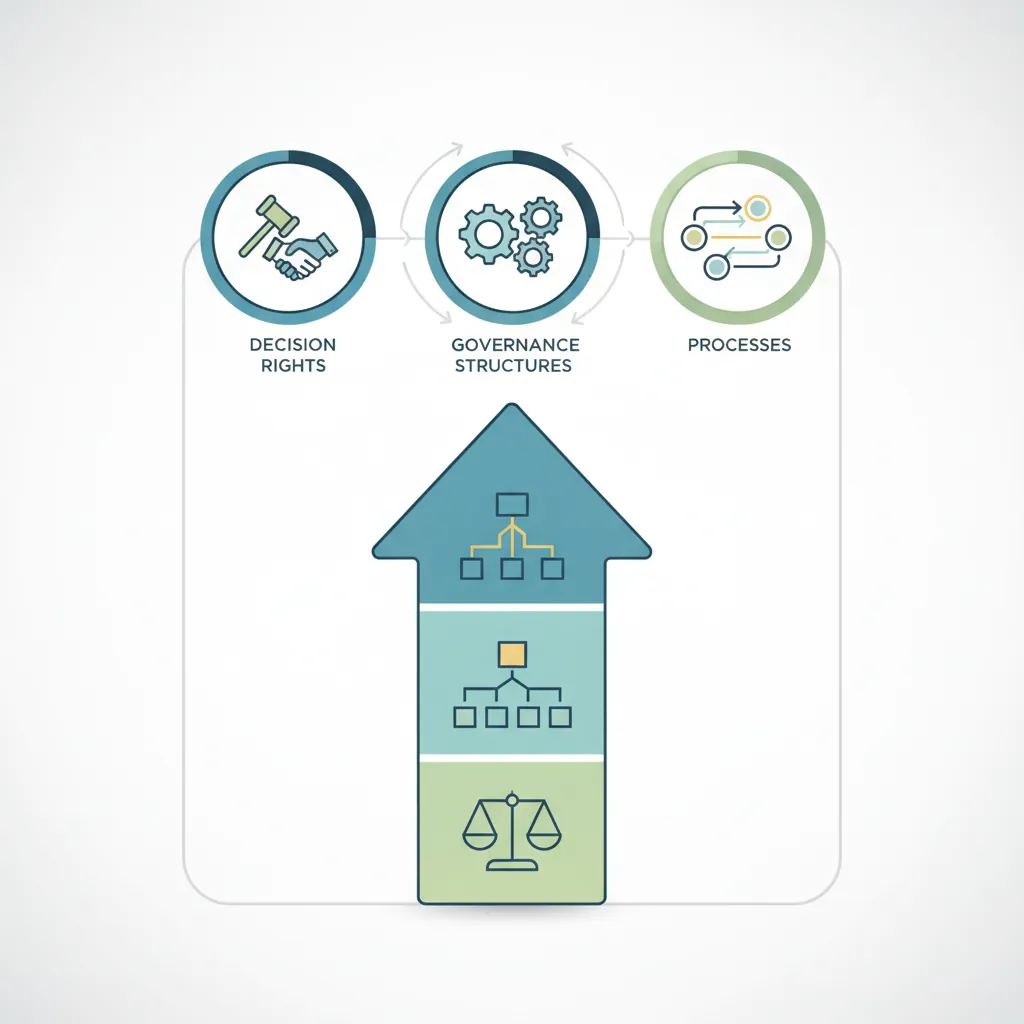 Operating model components including RACI decision rights, governance, and process flows