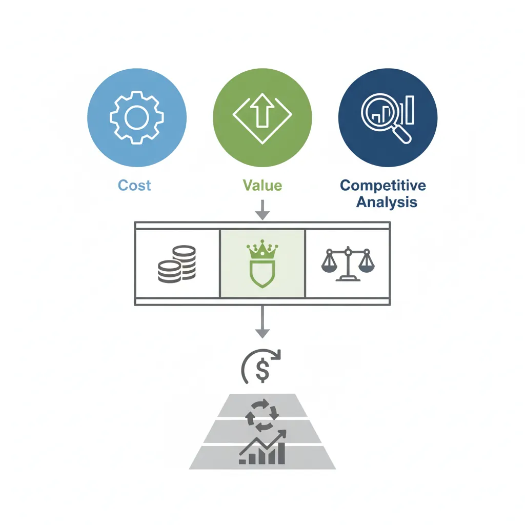 Pricing case framework comparing cost-plus, value-based, and competitive pricing strategies