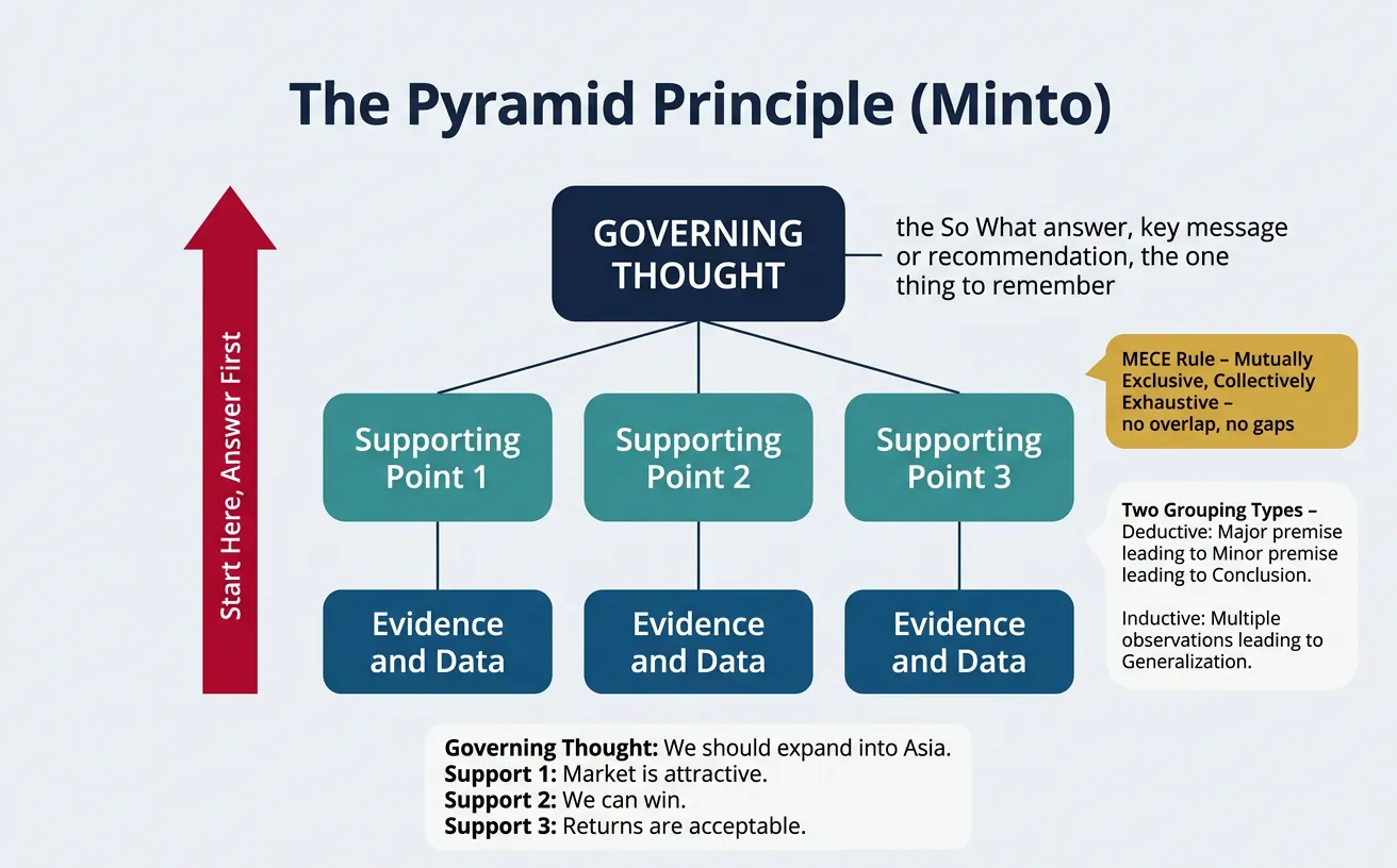 Minto Pyramid Principle showing governing thought supported by arguments and evidence