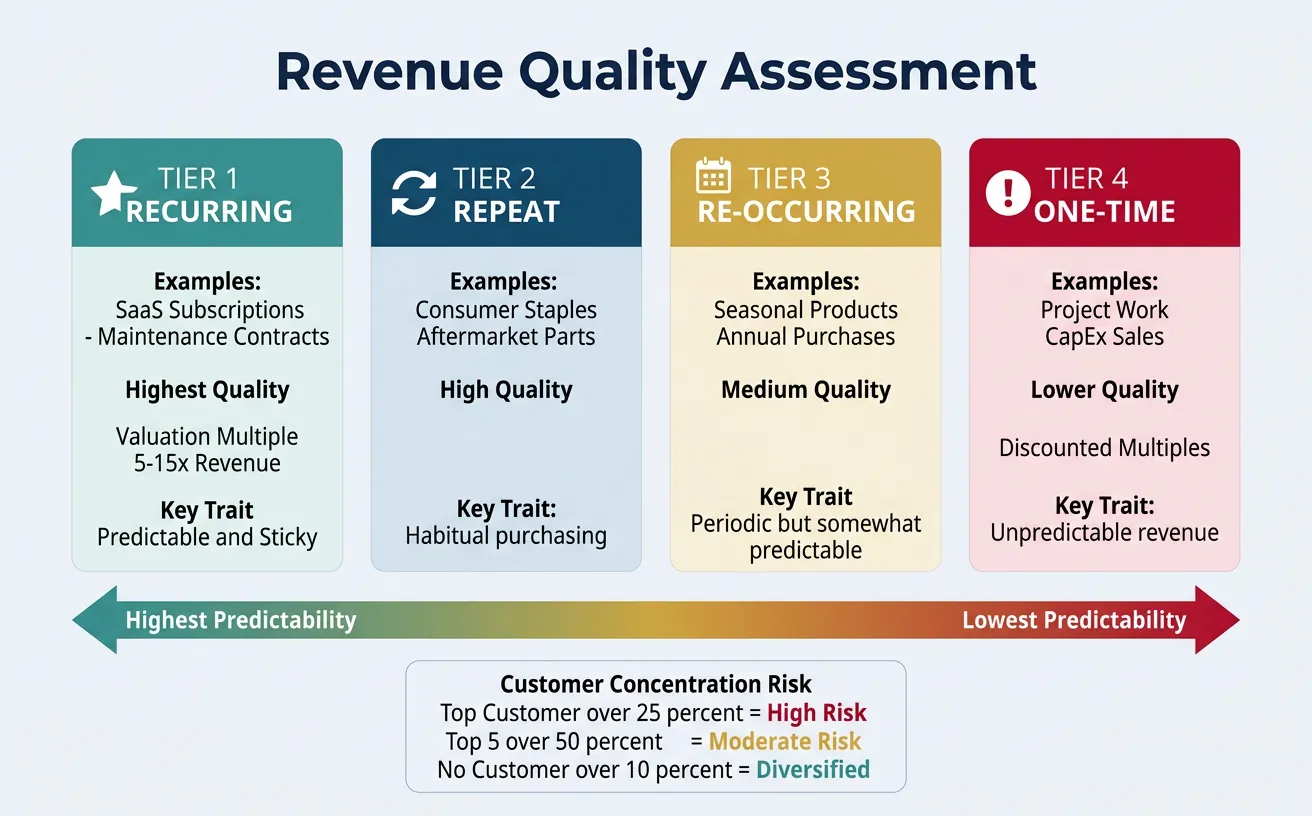 Revenue quality spectrum from recurring subscription revenue to one-time project-based revenue