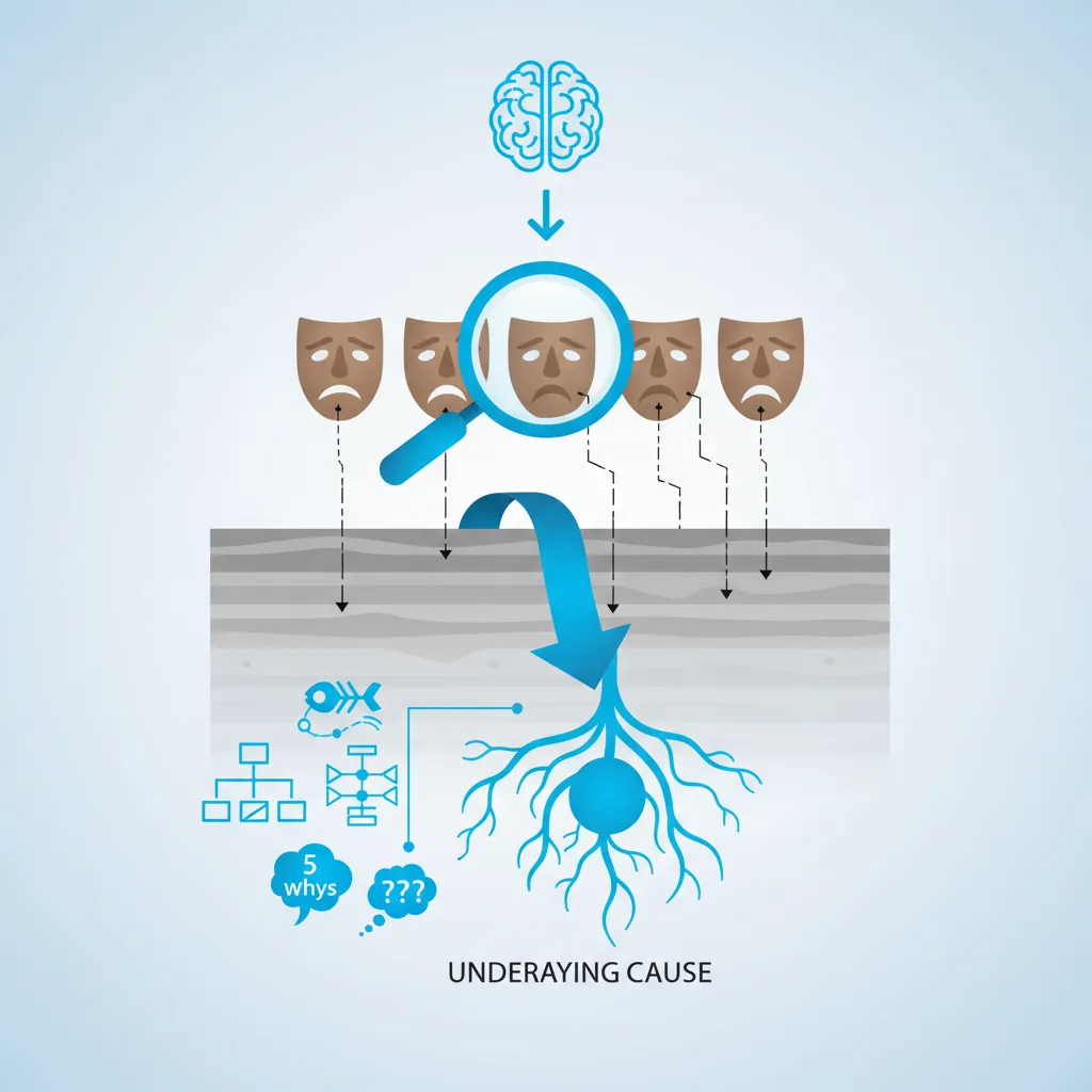 Root cause analysis tools including five whys technique and fishbone diagram