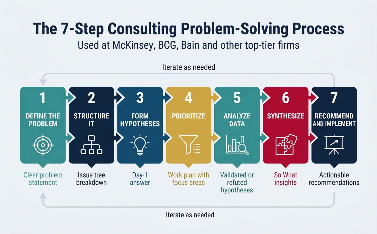 Flowchart of the seven-step consulting problem-solving process from definition to implementation