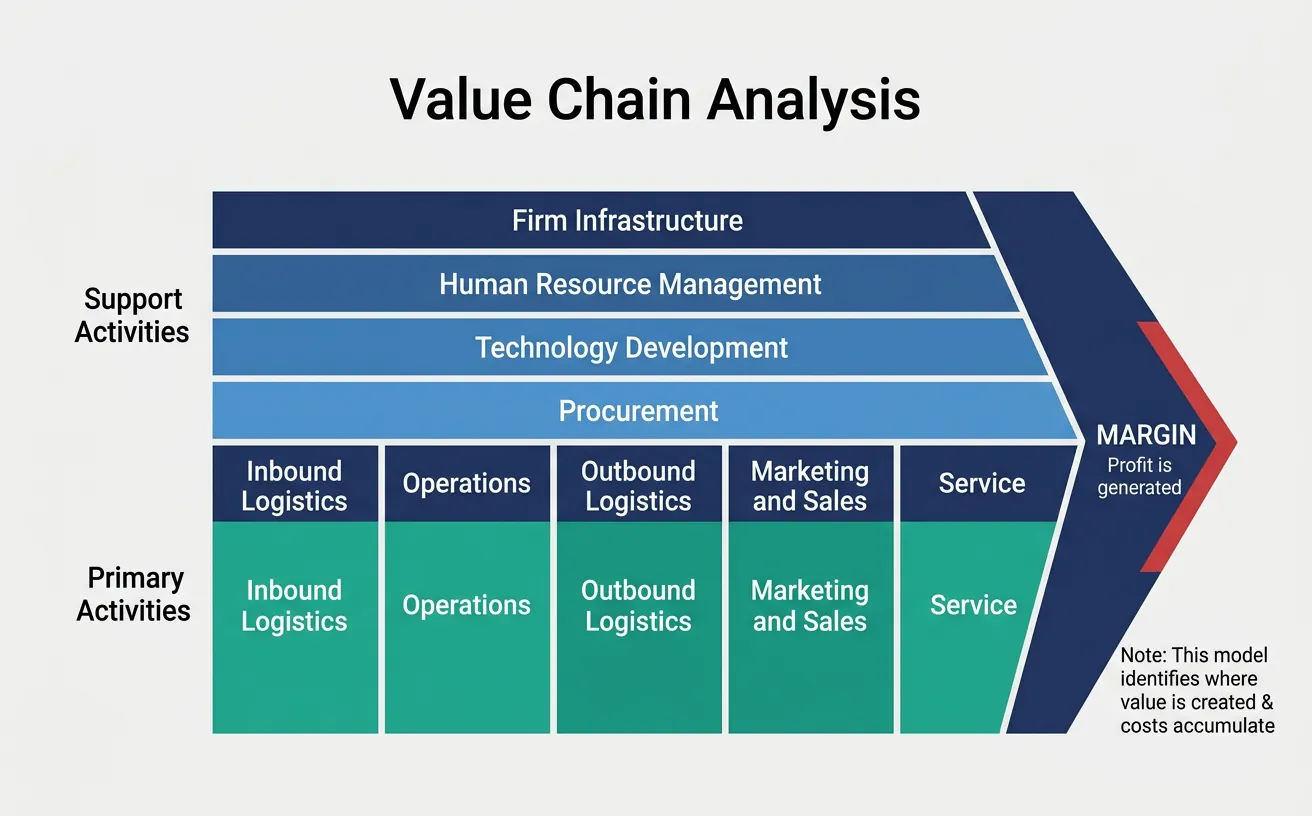 Porter's Value Chain diagram showing primary and support activities with margin