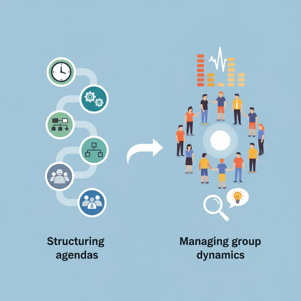 Workshop facilitation techniques showing structured agendas and group exercise formats